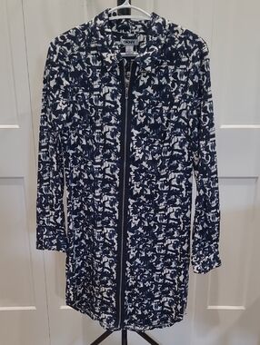DKNY Navy and White Printed Zip-Front Long Jacket